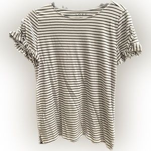 LOFT navy & white striped tee with ruffle sleeves, medium